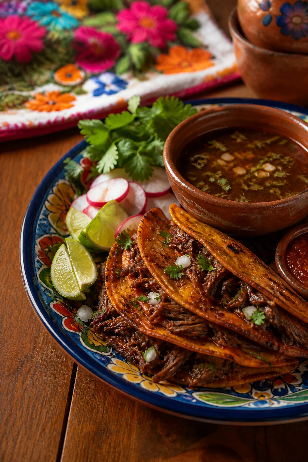 Homemade quesabirria tacos with consommé, lime, radish, and cilantro